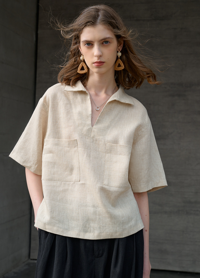 上質麻100% Tシャツオープンカラー ワイドシルエット 半袖シャツ レディース 夏物 涼感 プレミアム #亜麻色