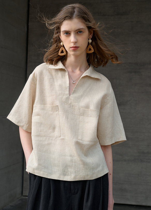 ★美品★120%LINO ブルガリア製　ワイドシルエット半袖リネンシャツ 上質麻100% Tシャツオープンカラー ワイドシルエット 半袖シャツ
