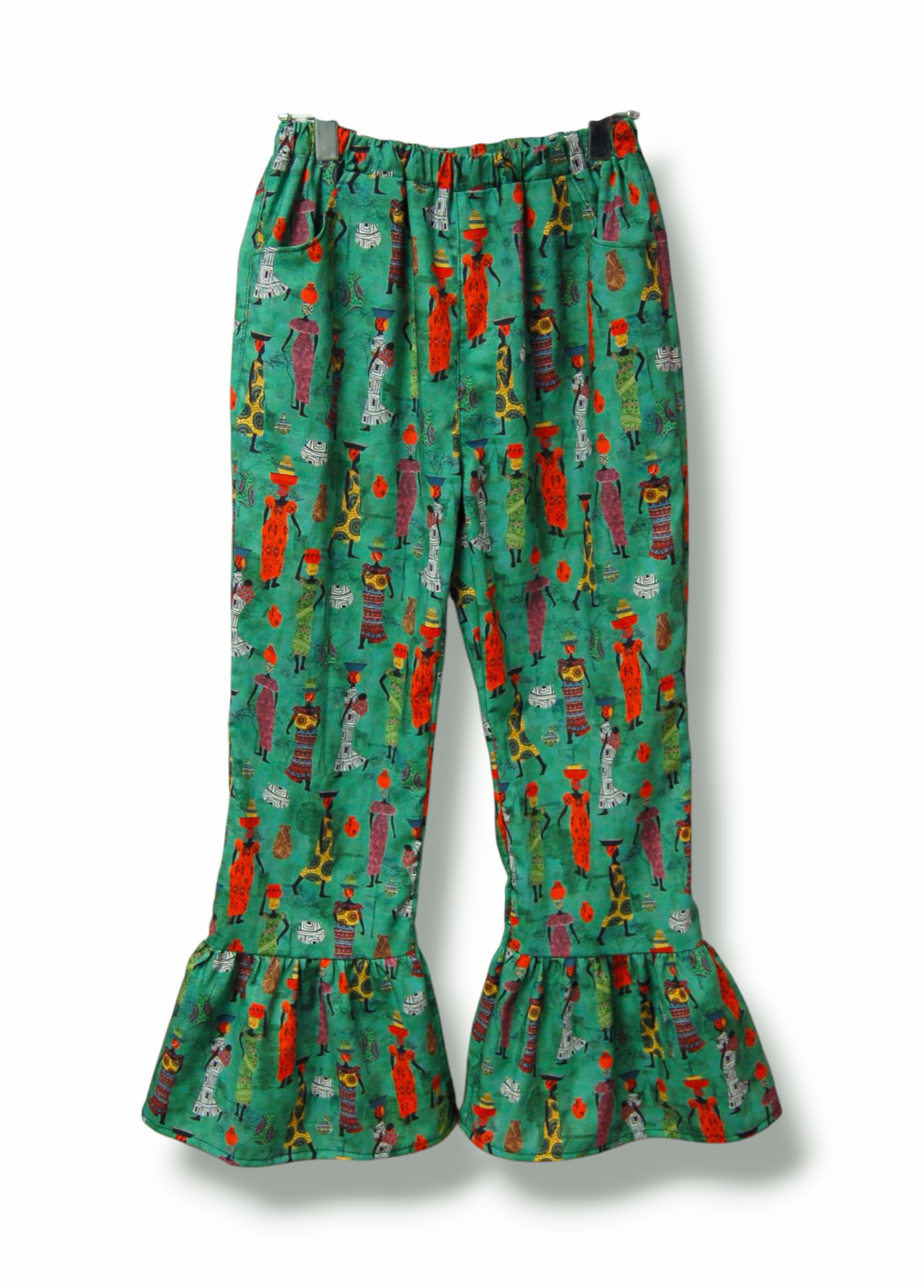 USA　cotton　アフリカンデザイン　裾フリルコットンフレアパンツ