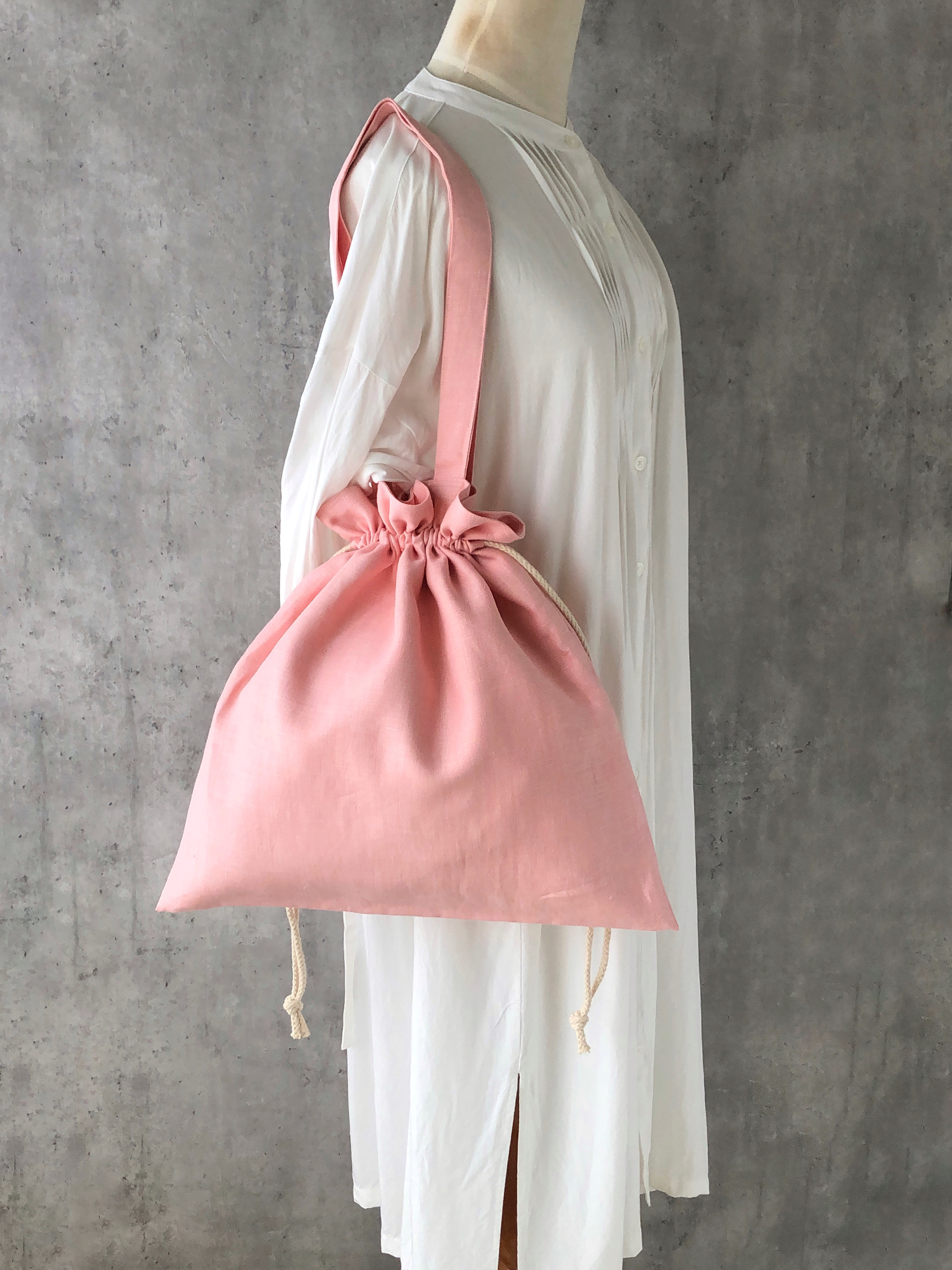 やわらかリネンの巾着バッグ　はなももピンクⅡ