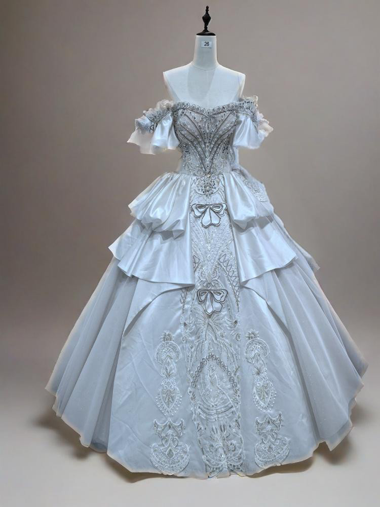 素敵  ウエディングドレス  グリッターのドレス 腰のプリーツで立体感を出す装飾 結婚式 三 次会D114