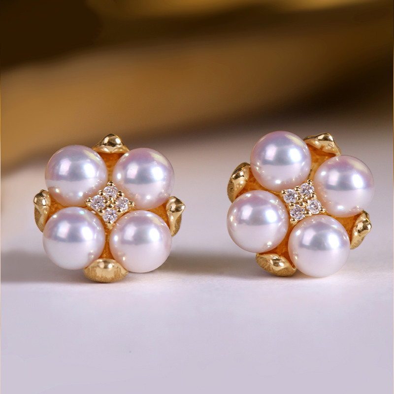 [ヘイズジュエリー] コットンモデル 日本製 4.5-5mm カイリンアコヤ海水ラウンドパールイヤリング 18Kゴールド ハンド