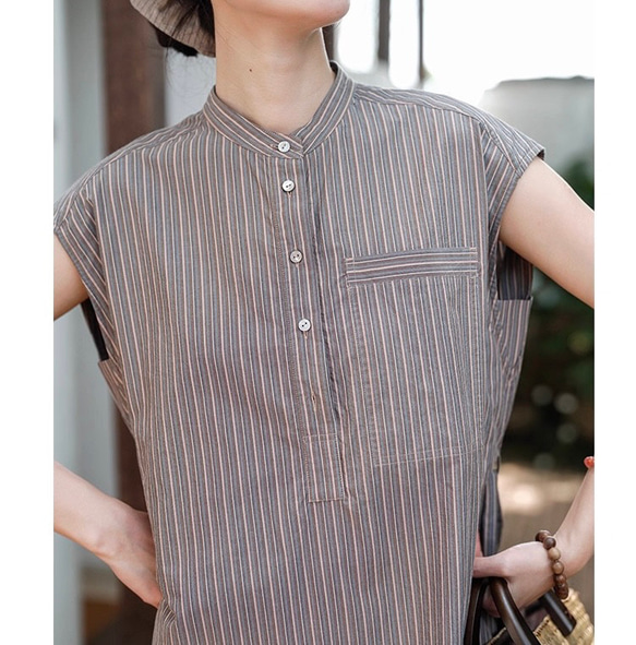 おとなシックなストライプ柄　ふんわりシルエットのワンピース　ウエストリボン　ポケット付き【春夏秋】ブラウン系 12枚目の画像