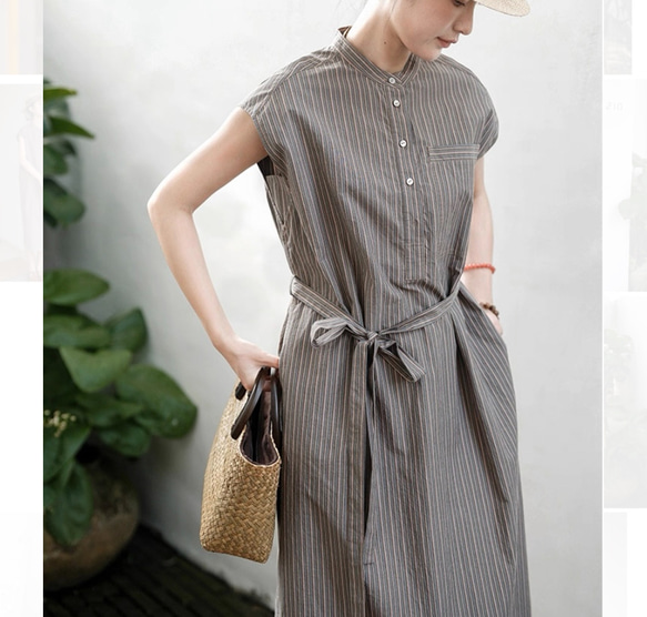 おとなシックなストライプ柄　ふんわりシルエットのワンピース　ウエストリボン　ポケット付き【春夏秋】ブラウン系 2枚目の画像