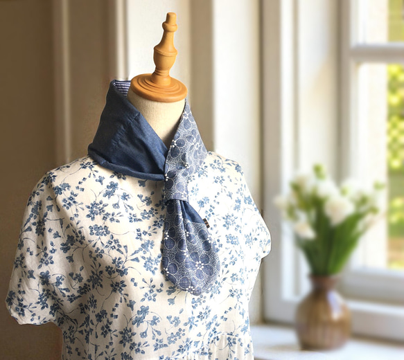 大人のクールマフラー◆リネン刺繍生地＆リップル生地◇数量限定 1枚目の画像