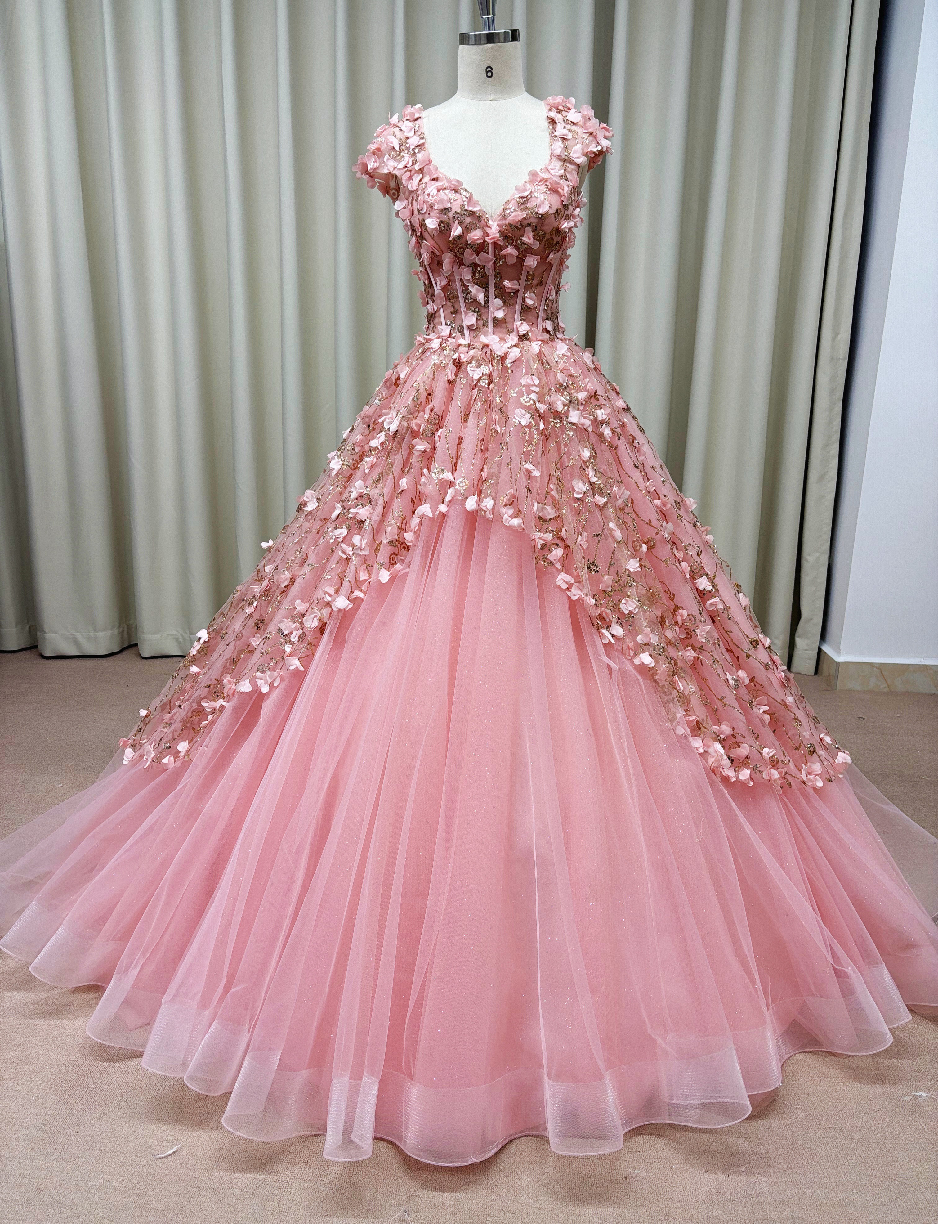 立体フラワー刺繍ドレス｜可憐なピンク×ボリュームチュールの特別な一着【サイズオーダー可】