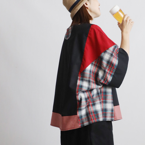 （送料無料）春のポンチョまつり 愉快なパッチワーク かぶるだけワイド幅広オーバーシャツ ゆったりY77E