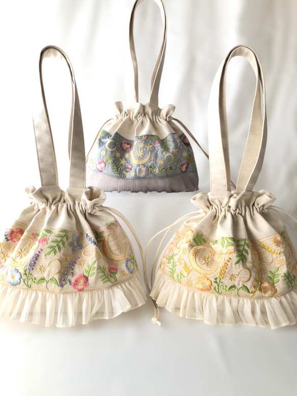 インド刺繍リボンの巾着バッグ⭐︎月の星のリボン⭐︎カラフル