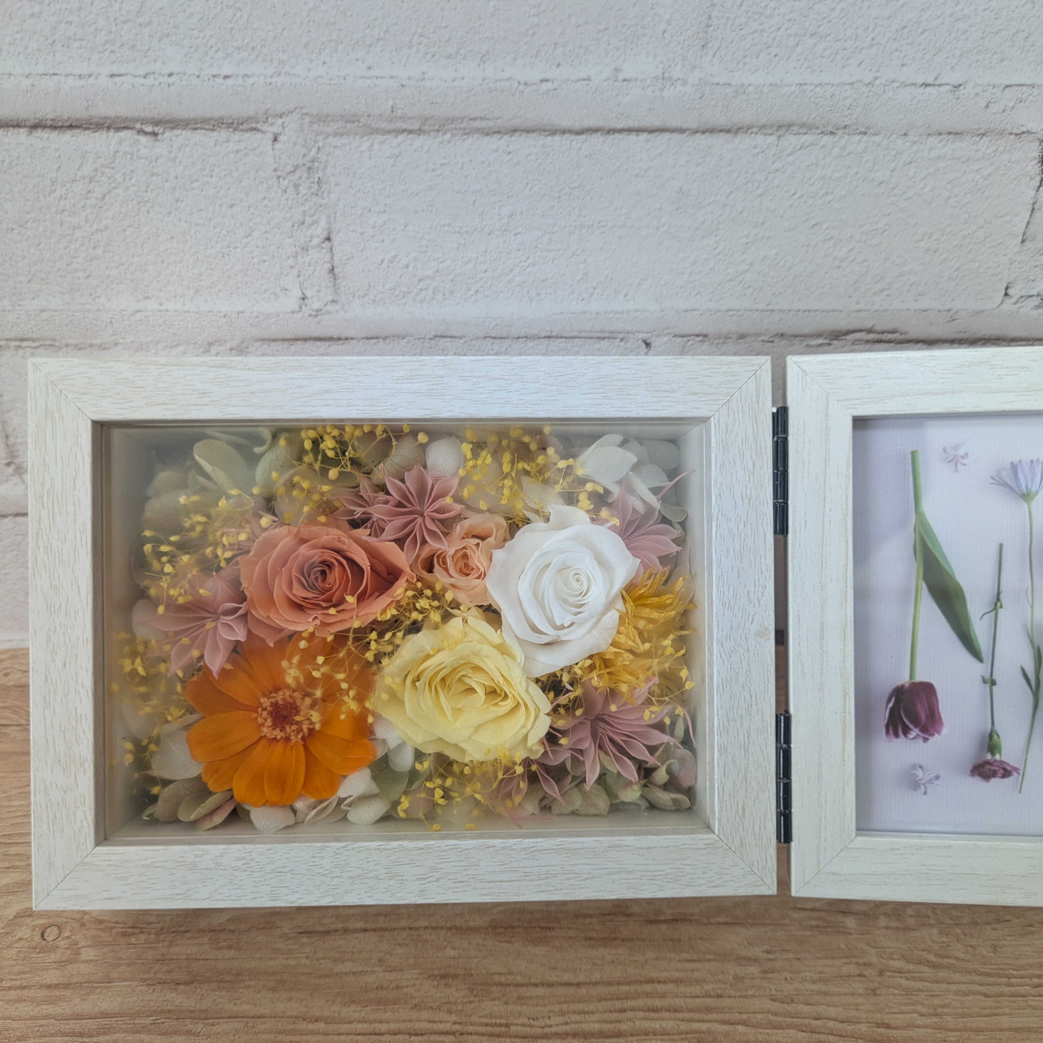 プリザーブドフラワー　フォトフレーム　オレンジ系　お誕生日　お祝い　メモリアル　お礼　ギフト