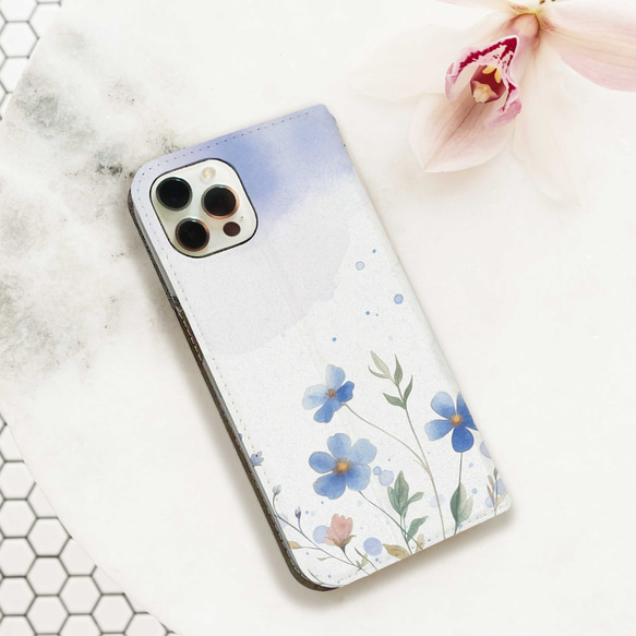 ❣️ iPhoneXR 手帳型ケース ストラップ付き マリメッコ風 ブルー