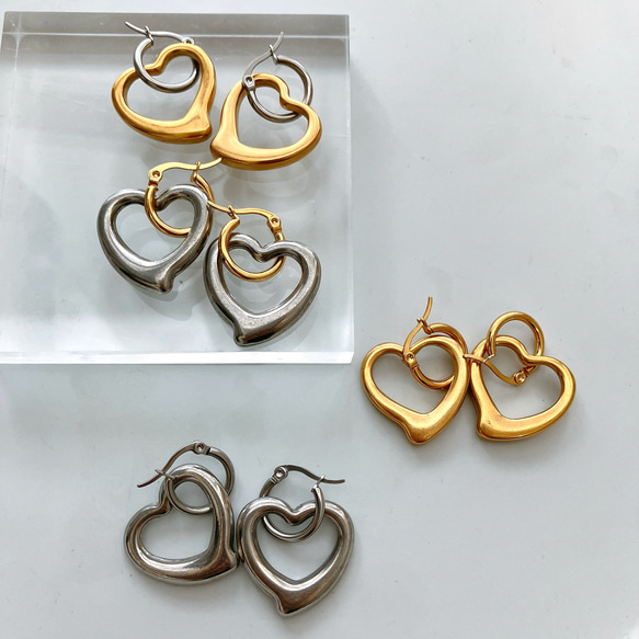 金属アレルギー対応　ステンレス　2way  ステンレスハート　フープピアス　ゴールド/バイカラー 6枚目の画像