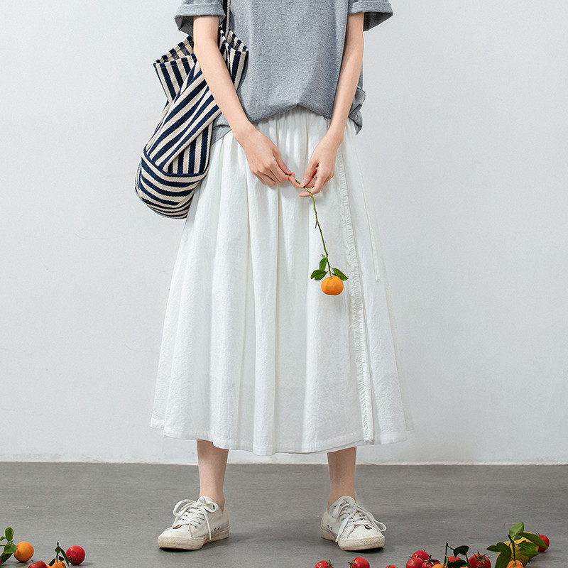 100%コットンスカート　ギャザーレース1本付きホワイトコットンスカート　裏地付き　S-Mサイズ　S460