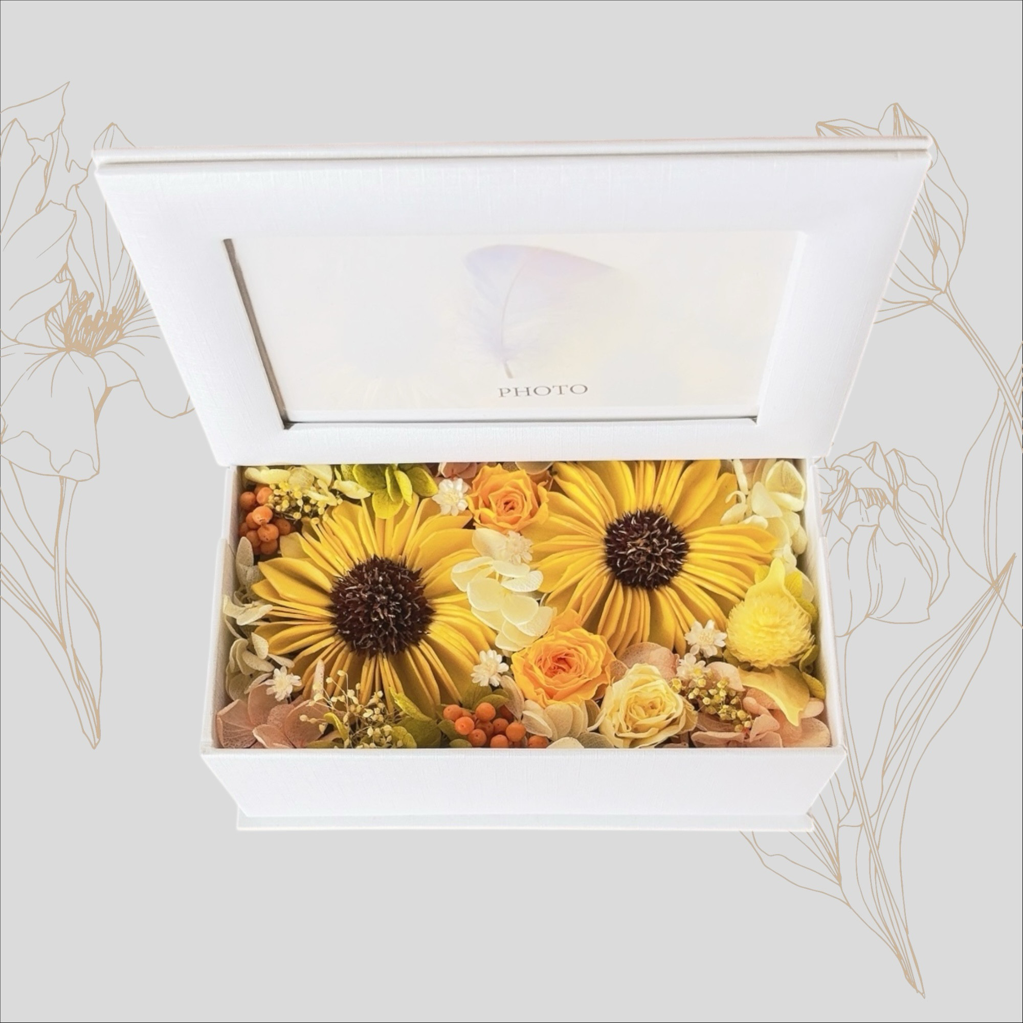 フォトボックス　ひまわり　プリザーブドフラワー　写真立て　フォトアレンジメント　フラワーボックス　誕生日　ペット　夏