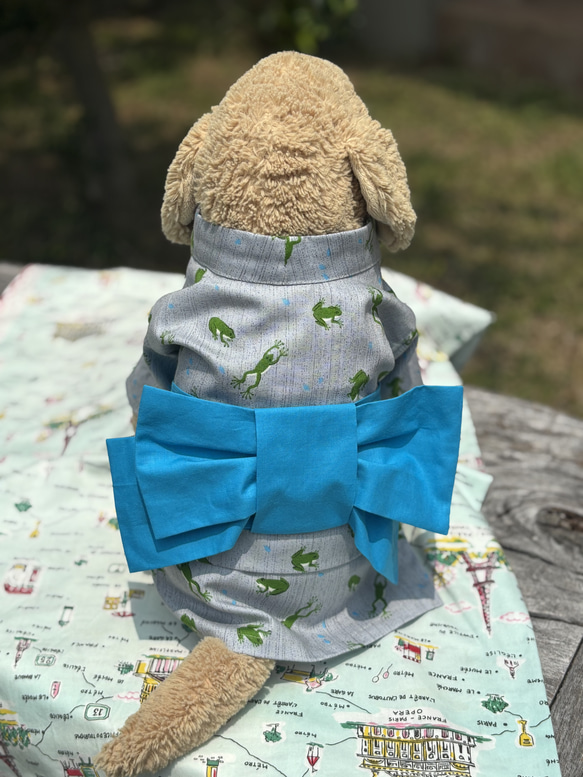 【受注製作】ワンちゃんの浴衣　カエル柄ブルー 1枚目の画像