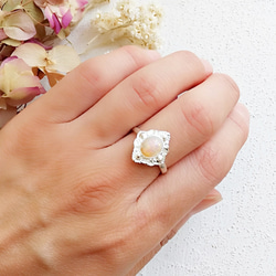 ヴィンテージガラス　ピンクファイヤーオパール　オーバル　リング　指輪　/　17 x 15ｍm　/　シルバートーン 6枚目の画像