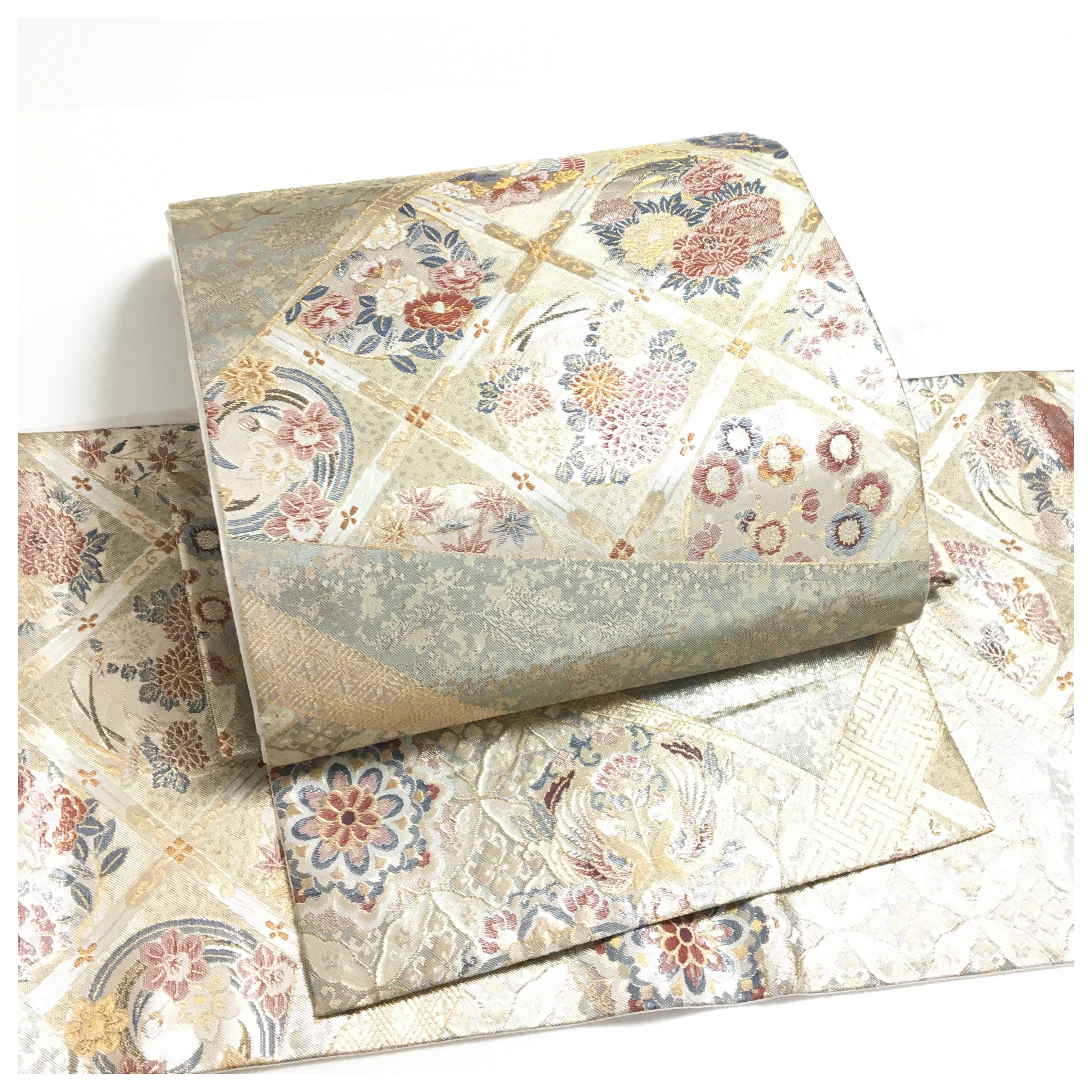 華文様 菱形文様 鳳凰 正絹 袋帯 二重太鼓 作り帯 正絹 袋帯 二部式 シルバー 向かい鳳凰 華 二重太鼓 作り帯 和装