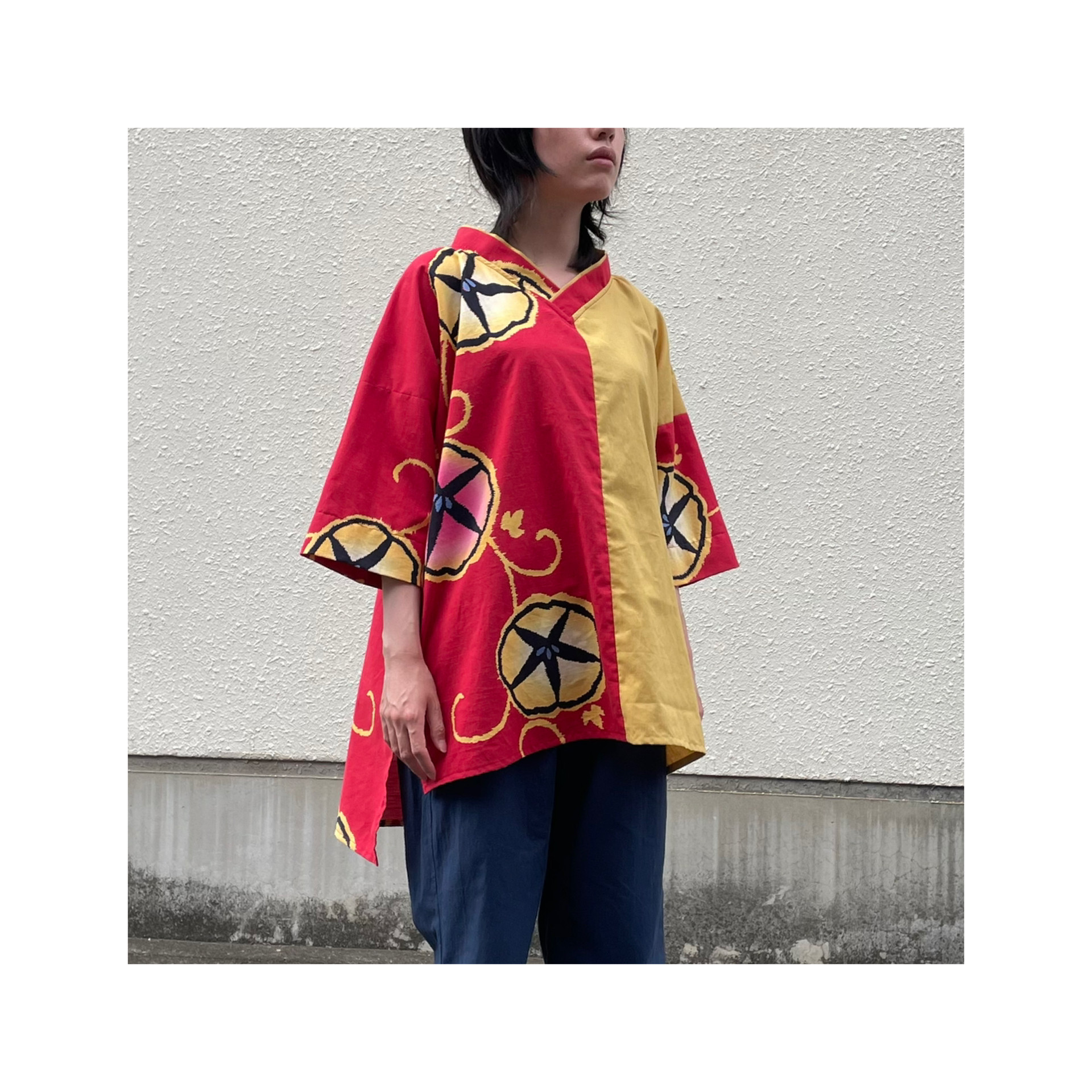 雲土【楽衣】 (RAKUE) 片身替わりシャツ 朝顔 浴衣 作務衣 ｵﾘｼﾞﾅﾙ 一点もの