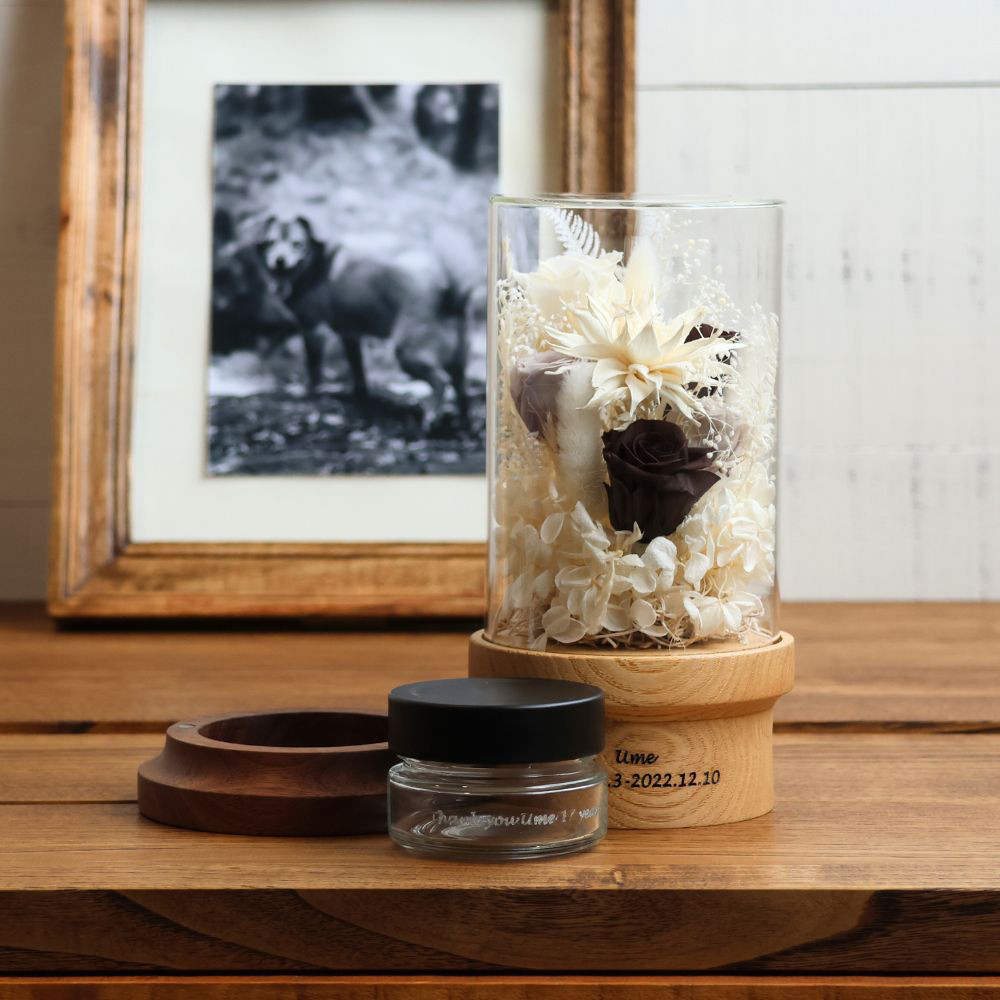 mokuna 小さな骨壷 白茶*ペット供養*遺骨入れ*手元供養*プリザーブドフラワー*ガラスドーム*仏壇*メモリアル