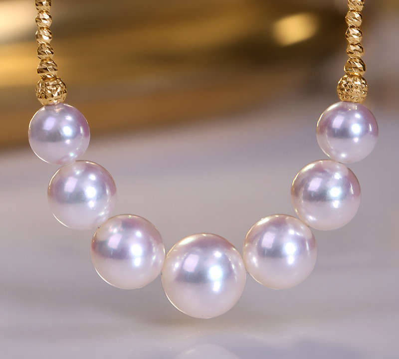 [ヘイズジュエリー] 7-10mm オーロラアコヤ海水真珠ネックレス ファッショナブルでエレガントなデザイン 18Kゴールド 鎖