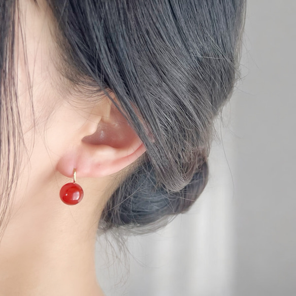【JORIE】金属アレルギー対応❤️　大人レッド　Spoon stone レッドアゲート　ピアス　サージカルステンレス 6枚目の画像