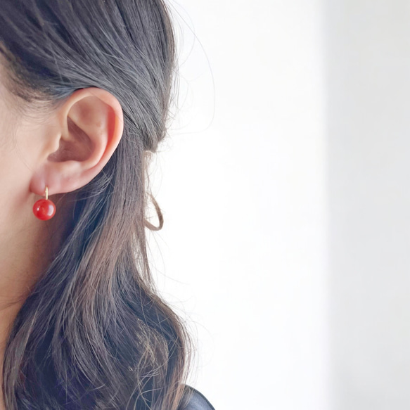 【JORIE】金属アレルギー対応❤️　大人レッド　Spoon stone レッドアゲート　ピアス　サージカルステンレス 5枚目の画像