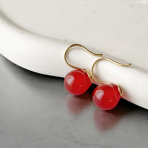 【JORIE】金属アレルギー対応❤️　大人レッド　Spoon stone レッドアゲート　ピアス　サージカルステンレス 3枚目の画像