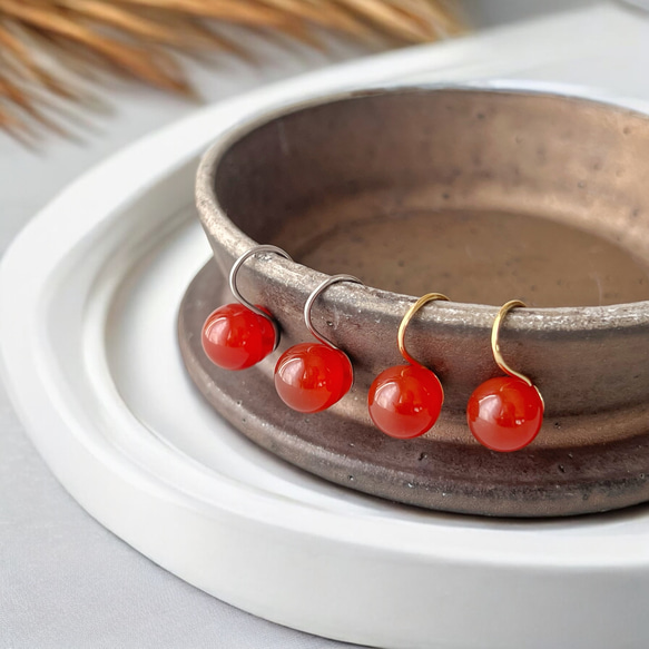 【JORIE】金属アレルギー対応❤️　大人レッド　Spoon stone レッドアゲート　ピアス　サージカルステンレス 1枚目の画像