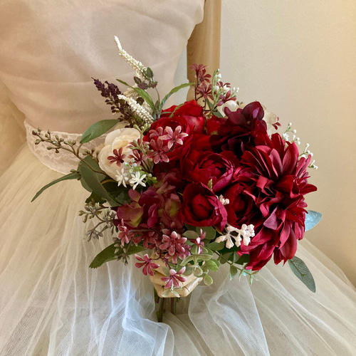 ☆セミオーダーOK☆ダリアとバラのブーケ ブートニア付 前撮り