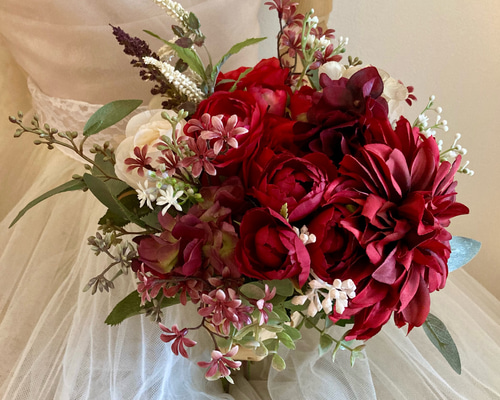 結婚式　薔薇　ブーケ　ブートニア　ウエディング　フォトウエディング ☆セミオーダーOK☆ダリアとバラのブーケ ブートニア付 前撮り