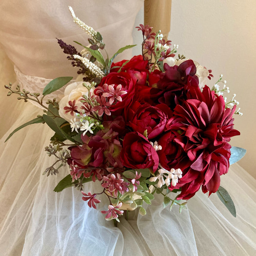 ダリアとバラのブーケ、ブートニア ☆セミオーダーOK☆ダリアとバラのブーケ ブートニア付 前撮り フォト