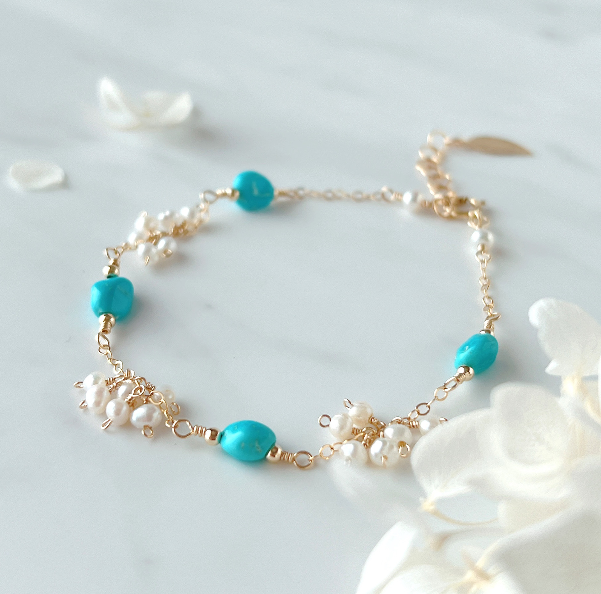 ＊再販＊【14kgf】スリーピングビューティーターコイズ×淡水パール＊ブレスレット