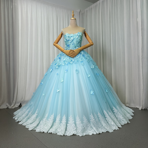 カラードレス プリンセスライン ブルー フリル リボン パール 前撮り カラードレス プリンセスライン ロングドレス ブルー フリル リボン