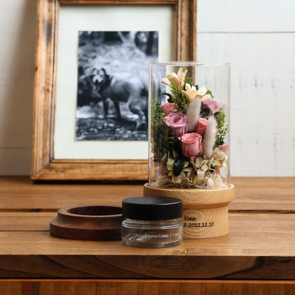 mokuna 小さな骨壷 桃花*ペット供養*遺骨入れ*手元供養*プリザーブドフラワー*ガラスドーム*仏壇*メモリアル