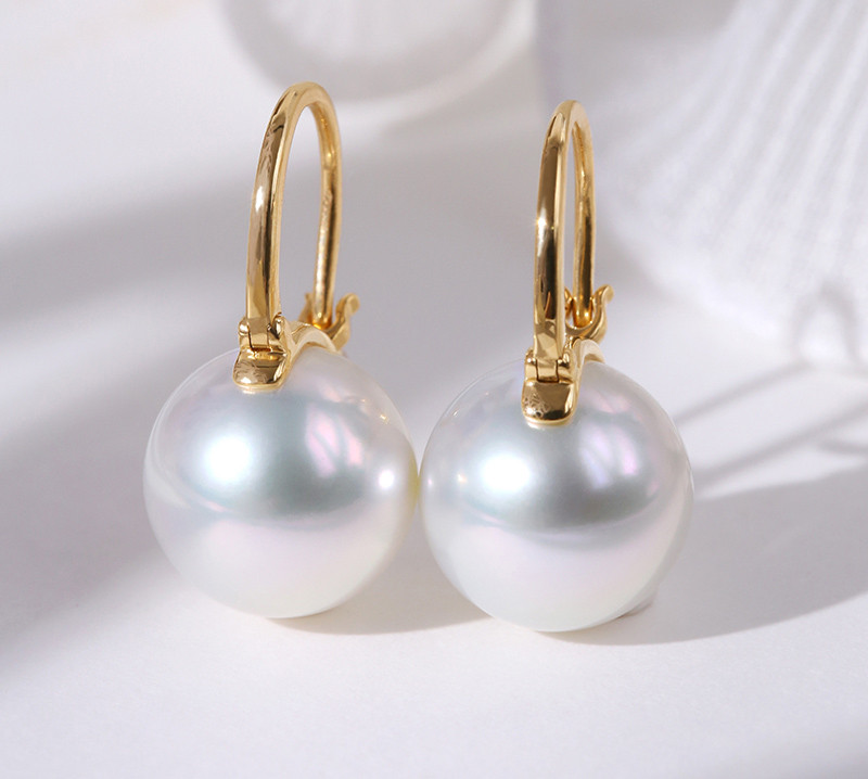 [ヘイズジュエリー] 10-14.9mm南洋白蝶真珠イヤリング、冷光オーストラリア産白蝶真珠イヤリング、天然海水真珠、18Kゴー