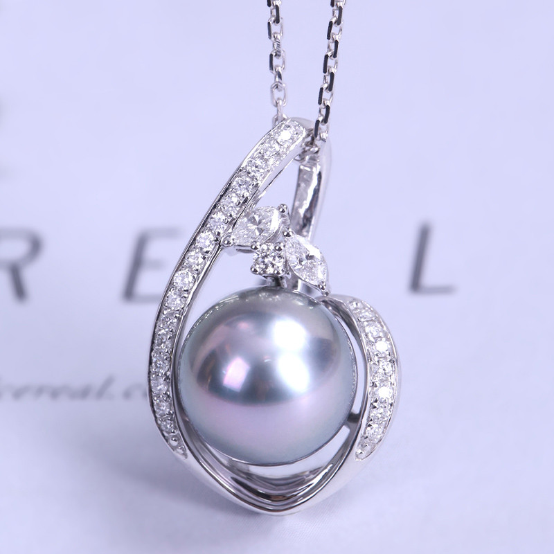 [ヘイズジュエリー] 10-10mm タヒチアンプラチナグレーギャラクシーファンタジーペンダント天然海水パールネックレス 18K