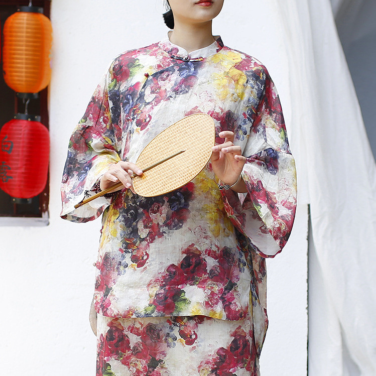 立襟   ヴィンテージ風   コブボタン   シャツ    トップス  2539