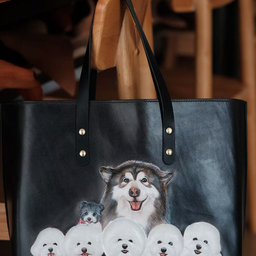 オーダーメイド】愛犬の似顔絵レザートート｜手描き一点物・6匹まで