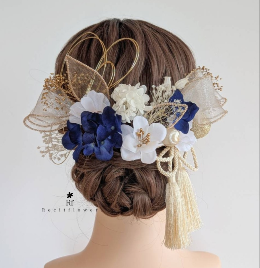 髪飾り 成人式 卒業式 結婚式 七五三 ドライフラワー 青 水引 タッセル RC207