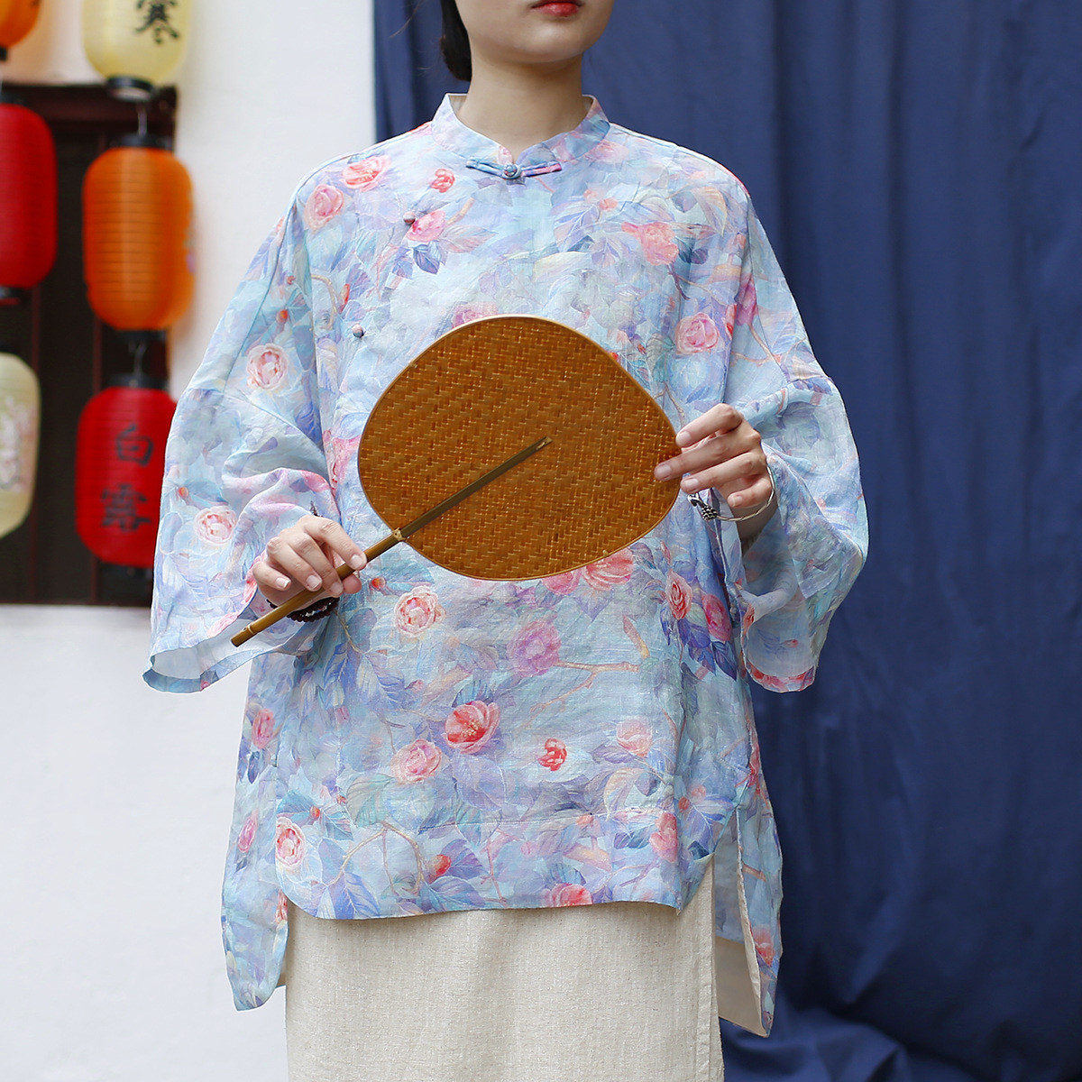 立襟   コブボタン   ヴィンテージ風    ラミー   プリント   シャツ   2539