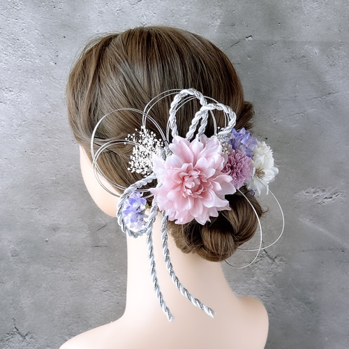 フラワーシャワーかんざし風髪飾り(ホワイト・ラベンダー) 紫陽花の髪飾り（ラベンダー） - airaka｜花飾りのアトリエ
