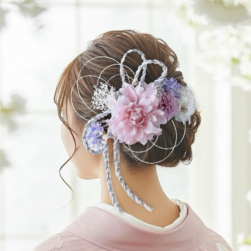 Alice髪飾り♪ダリア  浴衣 ラベンダー  ハンドメイド  卒業式 成人式 薄紫色のダリアと林檎の花の髪飾り ライラック色 藤色 ラベンダー