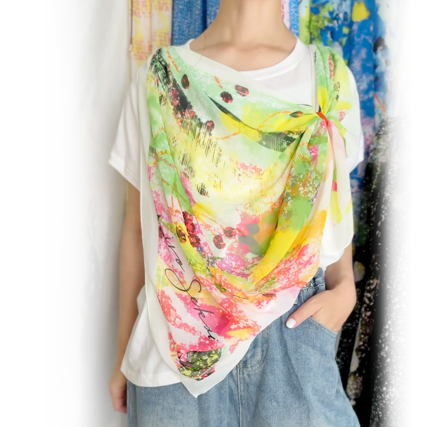 スカーフ　ワイドTシャツ・白-グリーンのスパイシーフワラー_gr
