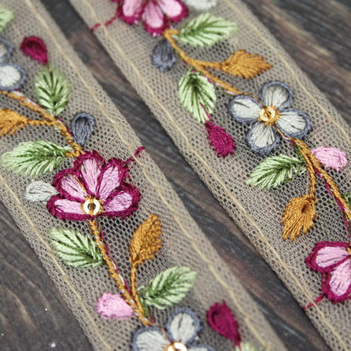 10cm単位】インド刺繍リボン：花 各カラー（IRL203） リボン・テープ