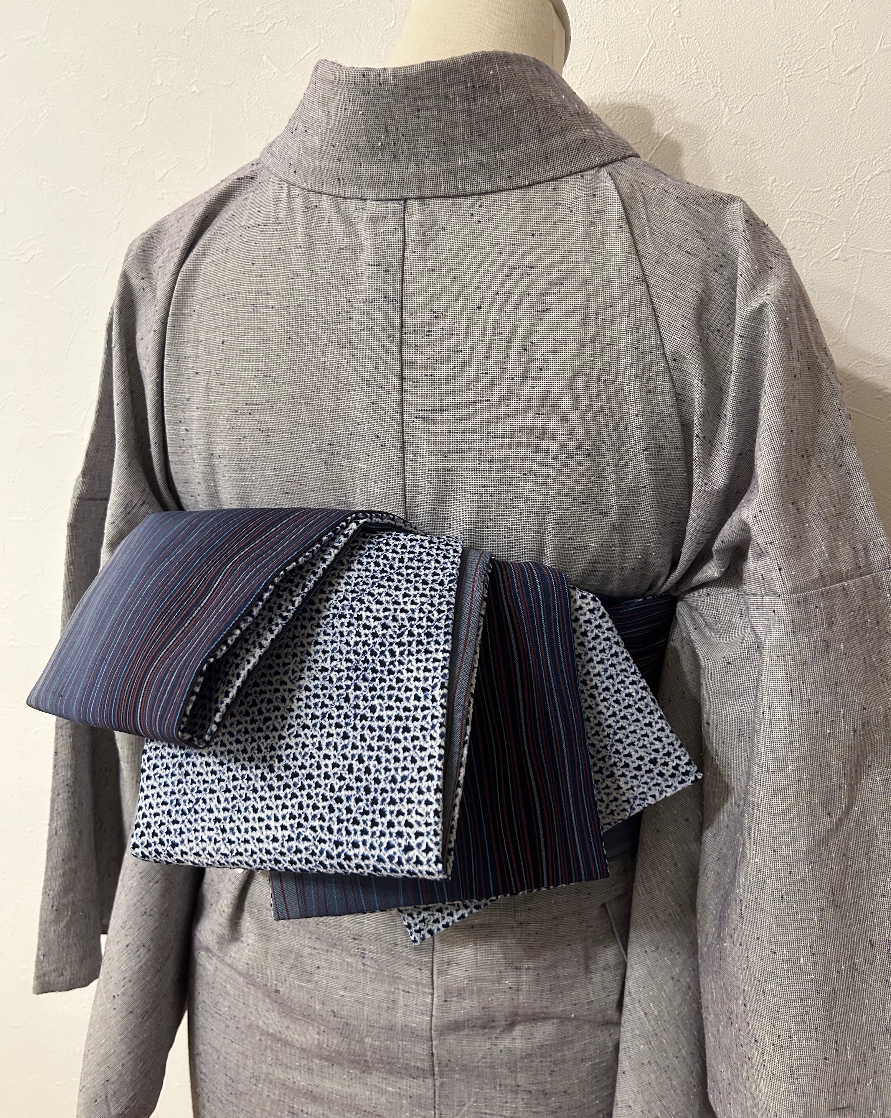 241号 半幅帯 縞紬 青グラデ×有松絞り リバーシブル 正絹×綿　☆締めやすい天然素材☆繋ぎ目なしで安心☆