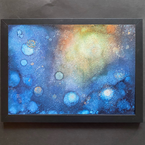 No.145 アルコールインクアート 原画 A4サイズ ネイビー 光 夜空 宇宙
