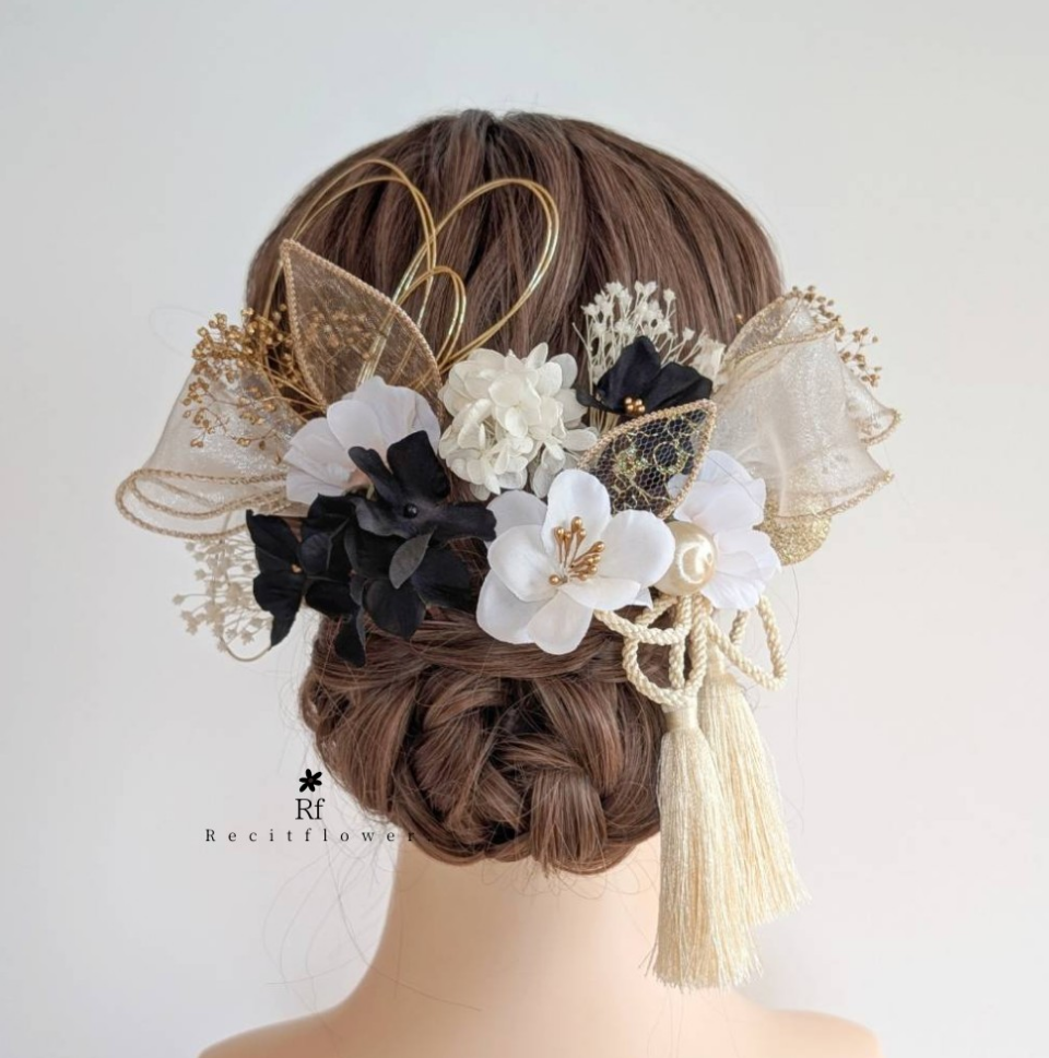 髪飾り 成人式 卒業式 結婚式 七五三 ドライフラワー 黒 水引 タッセル RC208