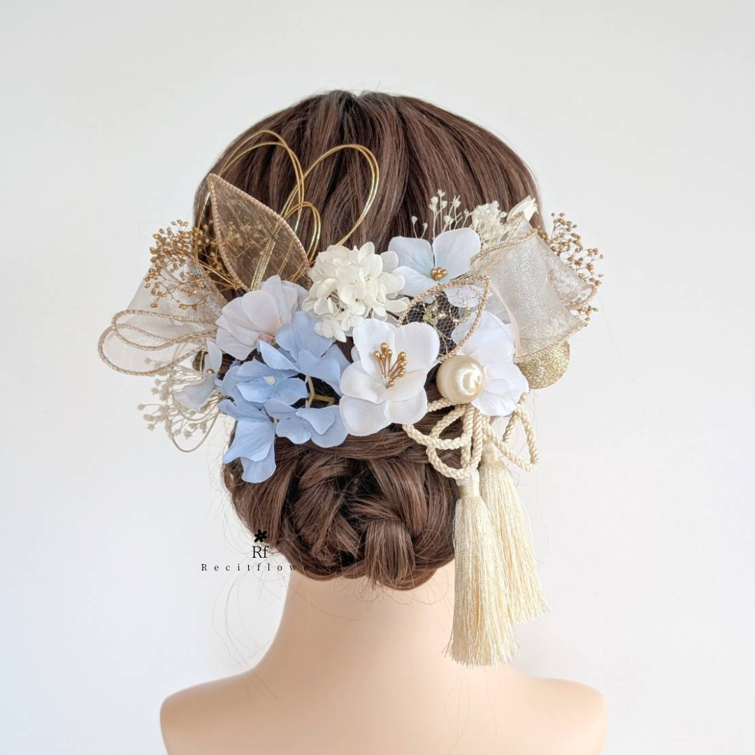 髪飾り 成人式 卒業式 結婚式 七五三 ドライフラワー 水色 水引 タッセル RC209
