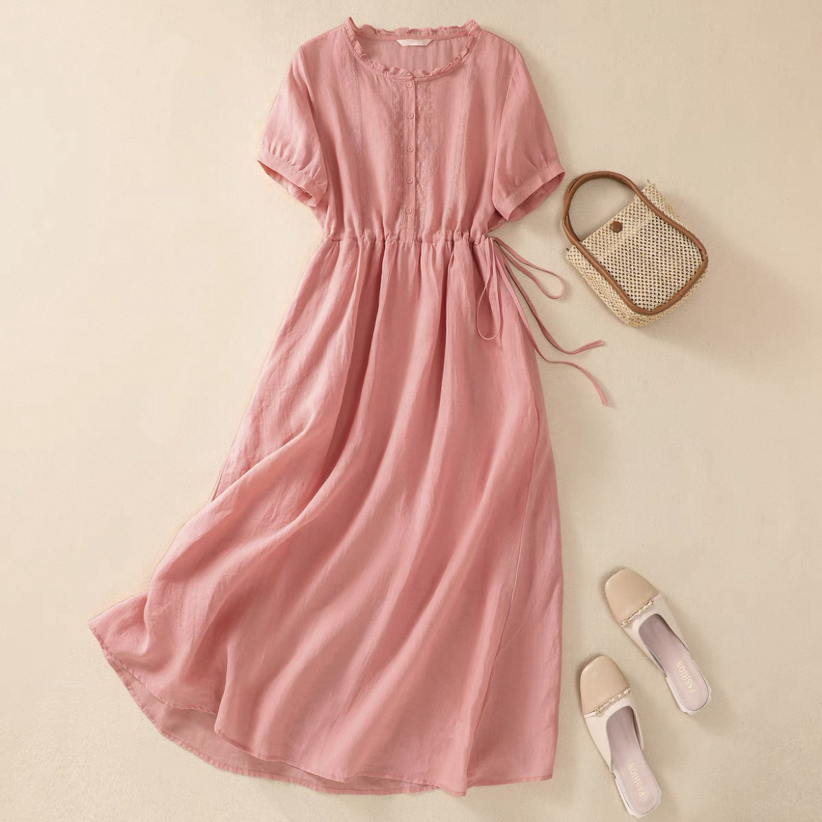 無地ワンピース、コットンリネン（綿麻）ワンピース、レディースワンピース、夏のワンピース