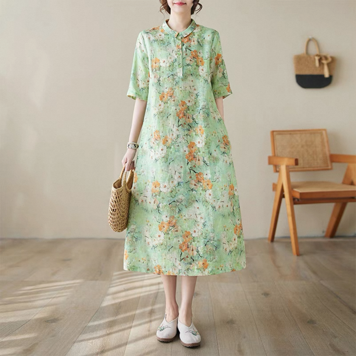 花柄ワンピース、コットンリネン（綿麻）ワンピース、レディースワンピース、夏のワンピース