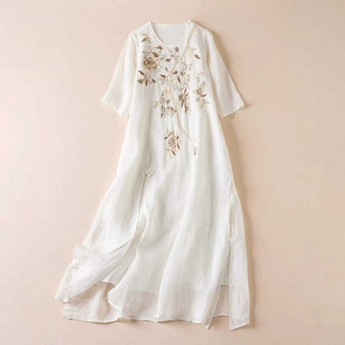 無地ワンピース、刺繍ワンピース、コットンリネン（綿麻）ワンピース、レディースワンピース、夏のワンピース